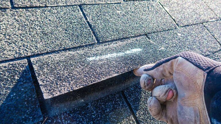 A homeowner views dented shingles and metal flashing from the ground after a hailstorm.